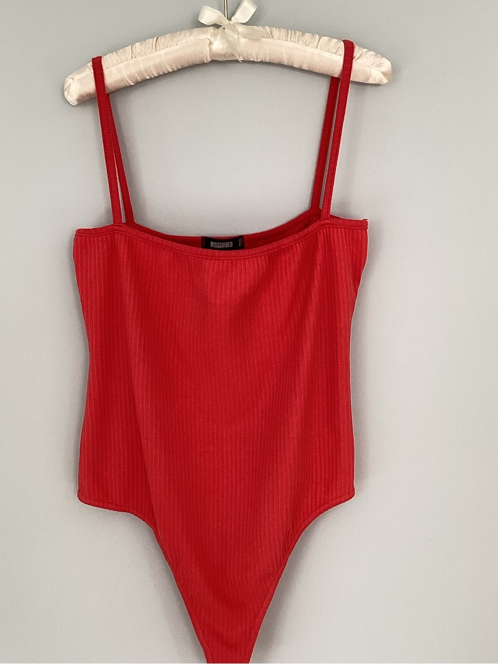 Missguided Red Ribbed Thong Bodysuit with Straps Size 14